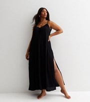 New Look Curves Black Crinkle Split Hem Strappy Maxi Beach Dress